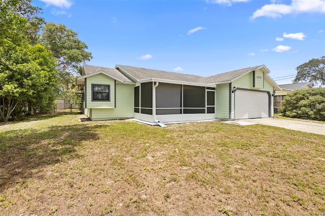 1018 E Gaucho Cir, Deltona, FL 32725 - ranch-style house featuring a garage, a sunroom, concrete driveway, and a shingled roof