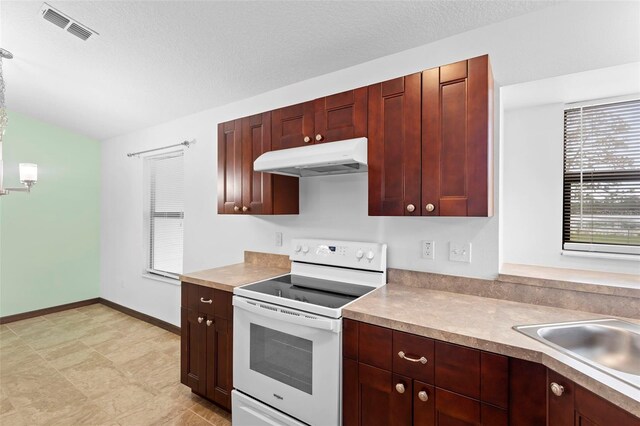 1018 E Gaucho Cir, Deltona, FL 32725 - kitchen featuring white range with electric stovetop, under cabinet range hood, baseboards, a sink, and dark brown cabinets