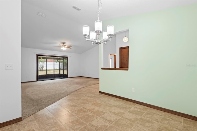 1018 E Gaucho Cir, Deltona, FL 32725 - unfurnished room featuring baseboards, a chandelier, light colored carpet, and ceiling fan