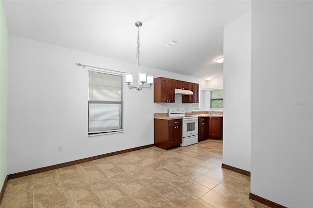 1018 E Gaucho Cir, Deltona, FL 32725 - kitchen featuring electric stove, under cabinet range hood, a chandelier, baseboards, and light countertops