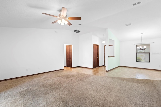 1018 E Gaucho Cir, Deltona, FL 32725 - empty room featuring light colored carpet, a chandelier, lofted ceiling, baseboards, and a ceiling fan