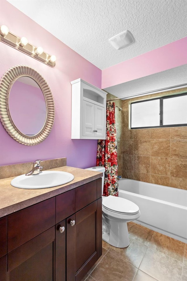 1018 E Gaucho Cir, Deltona, FL 32725 - bathroom featuring vanity, shower / bath combination with curtain, toilet, a textured ceiling, and tile patterned flooring