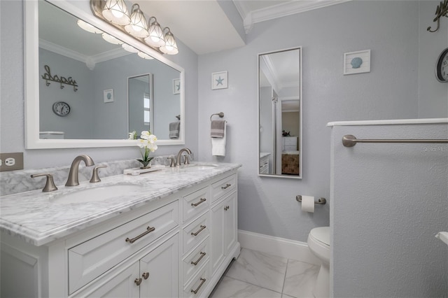 179 Ann Rustin Dr S, Ormond Beach, FL 32176 - bathroom featuring ornamental molding, marble look tiles, double vanity, toilet, and baseboards