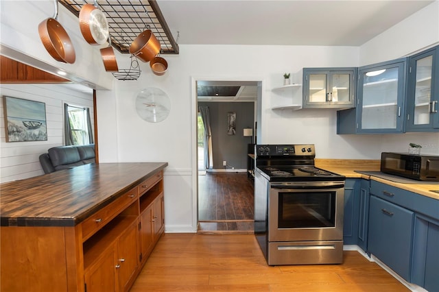 18 S Shell Rd, Debary, FL 32713 - kitchen with stainless steel electric range oven, black microwave, light wood finished floors, and blue cabinetry