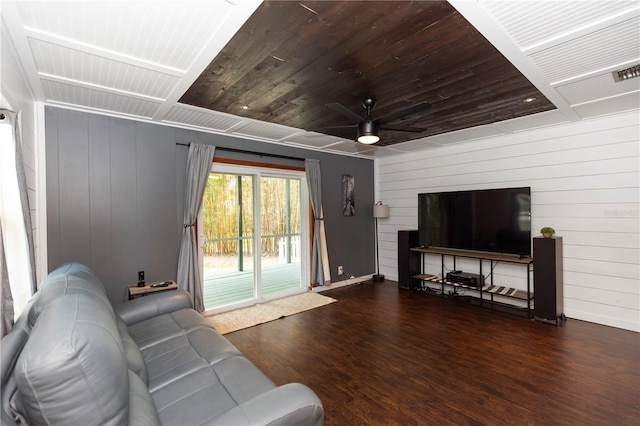 18 S Shell Rd, Debary, FL 32713 - living room featuring wood finished floors, a ceiling fan, wood walls, baseboards, and wooden ceiling