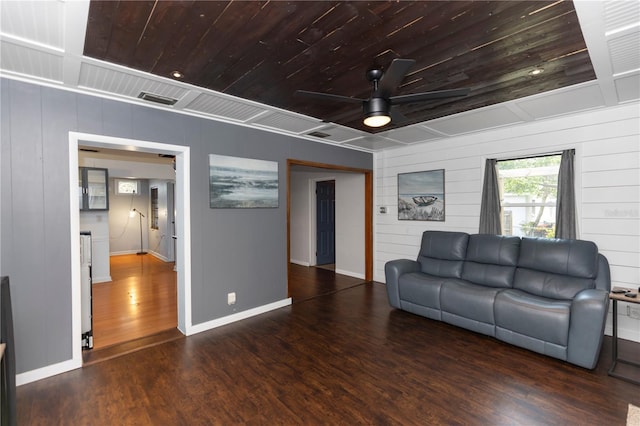 18 S Shell Rd, Debary, FL 32713 - living room featuring wooden ceiling, wood finished floors, a ceiling fan, baseboards, and wooden walls