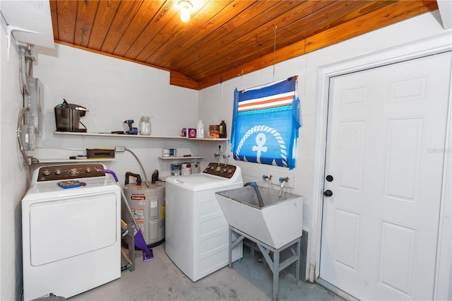 18 S Shell Rd, Debary, FL 32713 - washroom with washer / clothes dryer, wood ceiling, and water heater