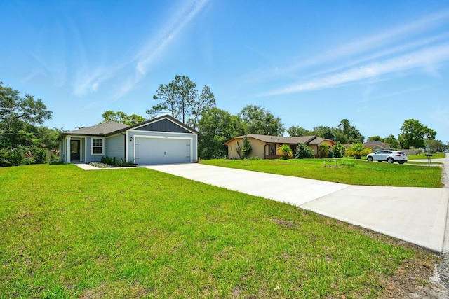 1161 Kenway Ave, Deltona, FL 32738 - ranch-style home with concrete driveway, a front yard, a garage, and board and batten siding