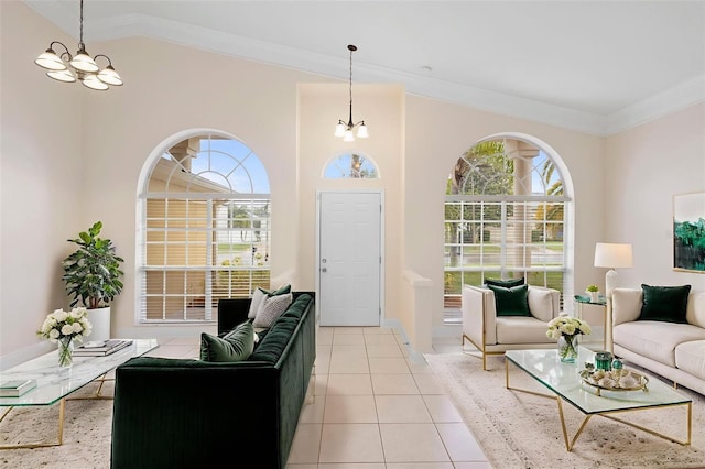 2263 Catbriar Way, Oviedo, FL 32765 - living room featuring a chandelier, light tile patterned floors, crown molding, and vaulted ceiling