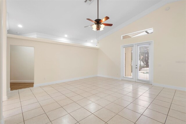 2263 Catbriar Way, Oviedo, FL 32765 - unfurnished room with crown molding, lofted ceiling, french doors, ceiling fan, and light tile patterned floors