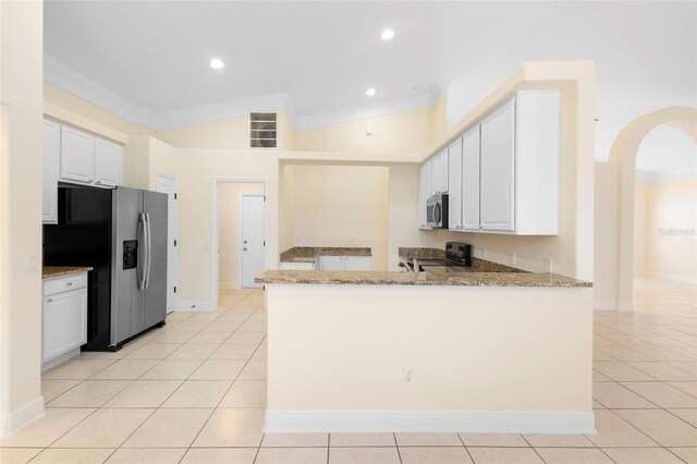2263 Catbriar Way, Oviedo, FL 32765 - kitchen with appliances with stainless steel finishes, crown molding, light stone counters, a peninsula, and light tile patterned floors