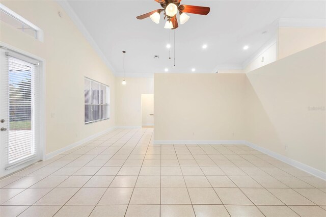 2263 Catbriar Way, Oviedo, FL 32765 - unfurnished room featuring crown molding, ceiling fan, light tile patterned flooring, recessed lighting, and vaulted ceiling