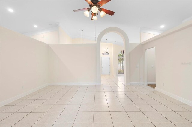 2263 Catbriar Way, Oviedo, FL 32765 - spare room featuring ceiling fan, light tile patterned flooring, arched walkways, recessed lighting, and lofted ceiling