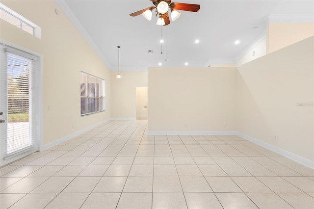 2263 Catbriar Way, Oviedo, FL 32765 - empty room featuring ornamental molding, ceiling fan, lofted ceiling, light tile patterned flooring, and recessed lighting