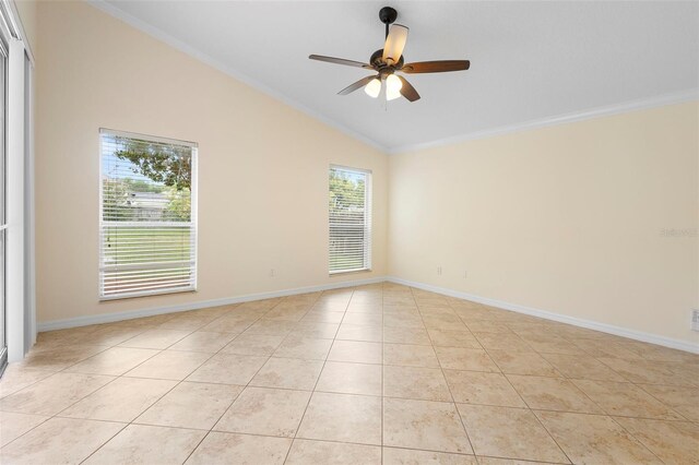 2263 Catbriar Way, Oviedo, FL 32765 - unfurnished room featuring vaulted ceiling, light tile patterned floors, a ceiling fan, and crown molding