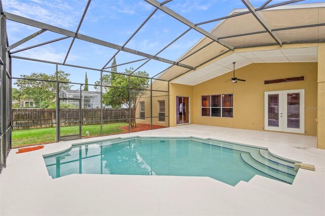 2263 Catbriar Way, Oviedo, FL 32765 - view of pool with a patio, french doors, a ceiling fan, and glass enclosure