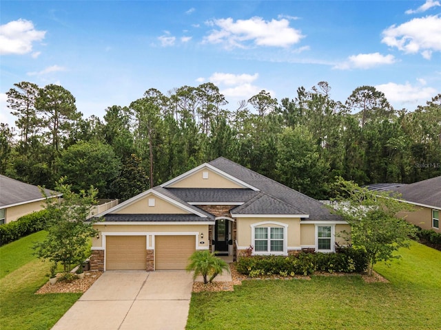 31 Abacus Ave, Ormond Beach, FL 32174 - view of front of house with stone siding, stucco siding, a garage, driveway, and a front lawn