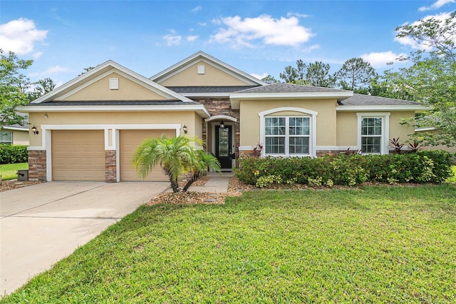 31 Abacus Ave, Ormond Beach, FL 32174 - view of front facade featuring stone siding, stucco siding, a garage, and a front lawn
