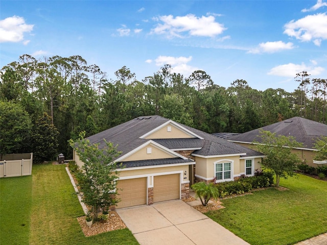 31 Abacus Ave, Ormond Beach, FL 32174 - view of front of house with stone siding, stucco siding, an attached garage, concrete driveway, and roof with shingles