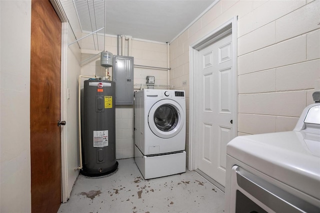 502 W Hogle Ave, Deland, FL 32720 - laundry area featuring electric water heater, washer and clothes dryer, concrete block wall, and electric panel
