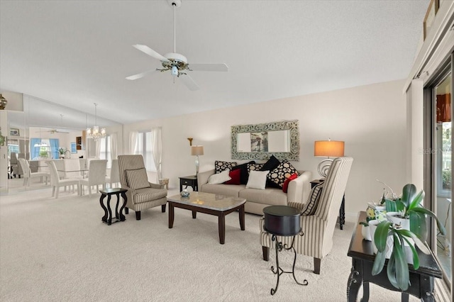 123 Wood Ibis Ct, Daytona Beach, FL 32119 - carpeted living area featuring plenty of natural light, lofted ceiling, ceiling fan, and a chandelier