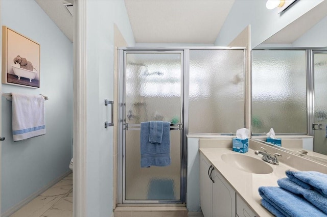 123 Wood Ibis Ct, Daytona Beach, FL 32119 - full bath with marble look tiles, vanity, a stall shower, and plenty of natural light
