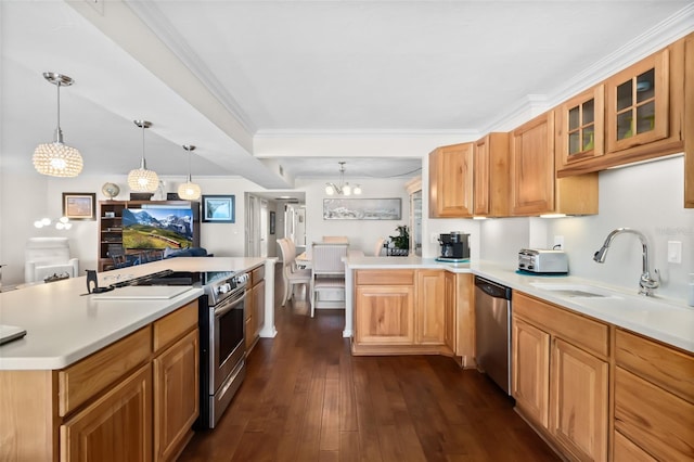 3003 S Atlantic Ave Unit 3A2, Daytona Beach Shores, FL 32118 - kitchen featuring appliances with stainless steel finishes, light countertops, dark wood-type flooring, glass insert cabinets, and crown molding