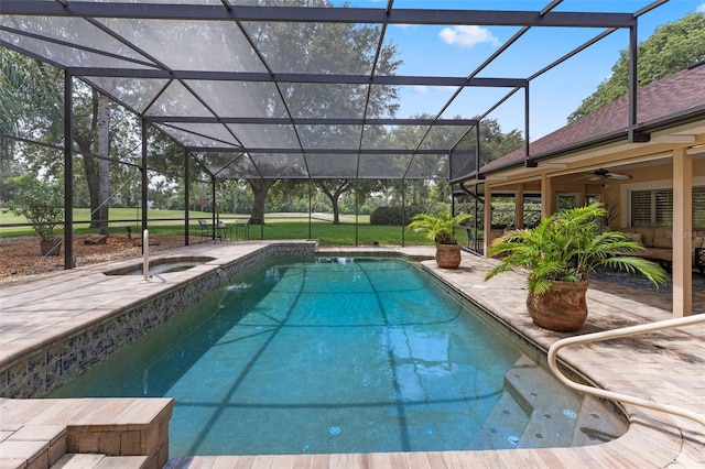 3 Pine Meadow Ct, Debary, FL 32713 - view of pool featuring ceiling fan, a patio, a pool with connected hot tub, and a lanai