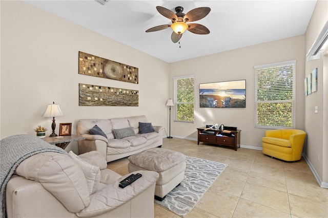 727 Grape Ivy Ln, New Smyrna Beach, FL 32168 - living room featuring ceiling fan, light tile patterned flooring, and healthy amount of natural light