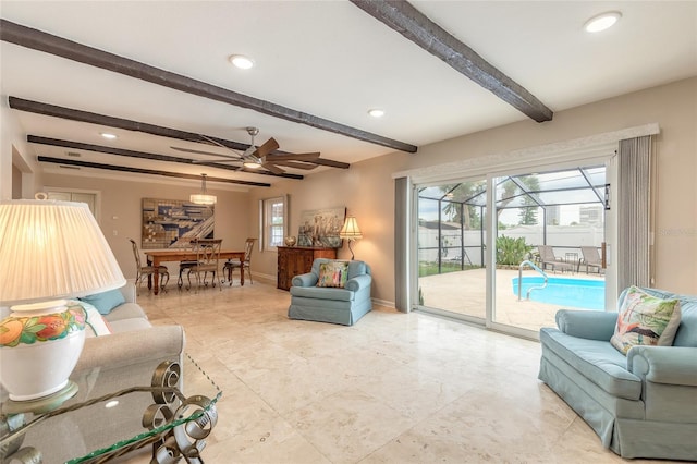 2724 N Halifax Ave, Daytona Beach, FL 32118 - living room with ceiling fan, beamed ceiling, healthy amount of natural light, and recessed lighting