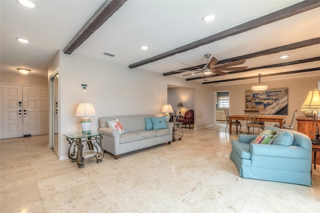 2724 N Halifax Ave, Daytona Beach, FL 32118 - living area with beamed ceiling, ceiling fan, and recessed lighting