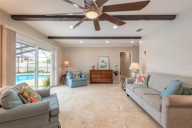 2724 N Halifax Ave, Daytona Beach, FL 32118 - living area with beamed ceiling, a ceiling fan, recessed lighting, and a sunroom