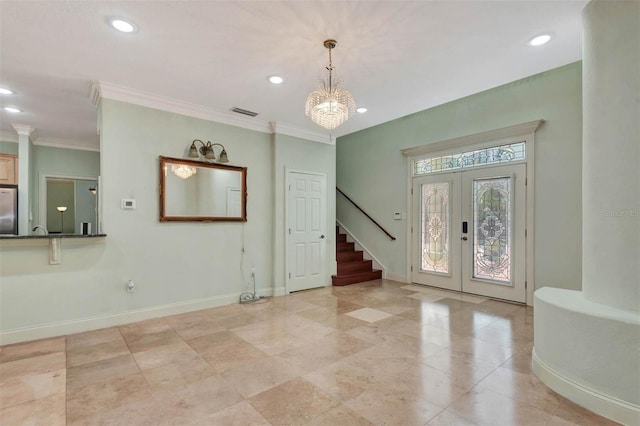 3428 Longleaf Rd, Ormond Beach, FL 32174 - entryway with stairs, recessed lighting, a chandelier, and ornamental molding