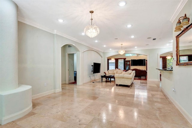 3428 Longleaf Rd, Ormond Beach, FL 32174 - living room featuring arched walkways, crown molding, a chandelier, recessed lighting, and plenty of natural light
