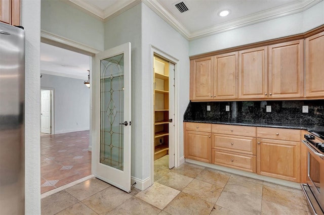 3428 Longleaf Rd, Ormond Beach, FL 32174 - kitchen featuring ornamental molding, appliances with stainless steel finishes, backsplash, light brown cabinets, and light tile patterned floors