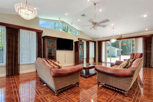 3428 Longleaf Rd, Ormond Beach, FL 32174 - tiled living area featuring plenty of natural light, vaulted ceiling, a ceiling fan, and a chandelier