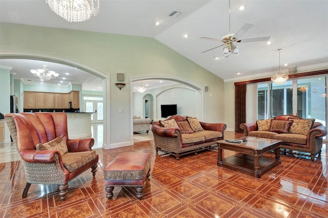 3428 Longleaf Rd, Ormond Beach, FL 32174 - living room with a chandelier, arched walkways, vaulted ceiling, a ceiling fan, and recessed lighting