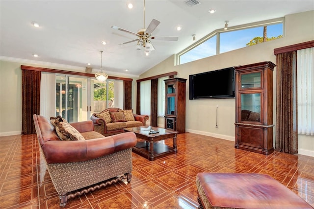 3428 Longleaf Rd, Ormond Beach, FL 32174 - tiled living room with lofted ceiling, ceiling fan, and recessed lighting