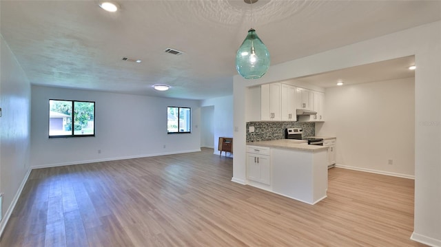 1017 Chippewa Trl, Daytona Beach, FL 32117 - kitchen featuring electric range, white cabinets, under cabinet range hood, light wood finished floors, and light countertops