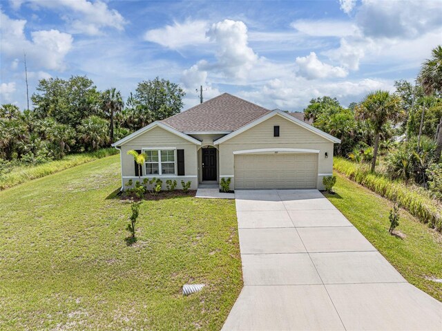 1915 Ganyard Ave SW, Palm Bay, FL 32908 - view of front of home with a garage, driveway, a front lawn, and stucco siding