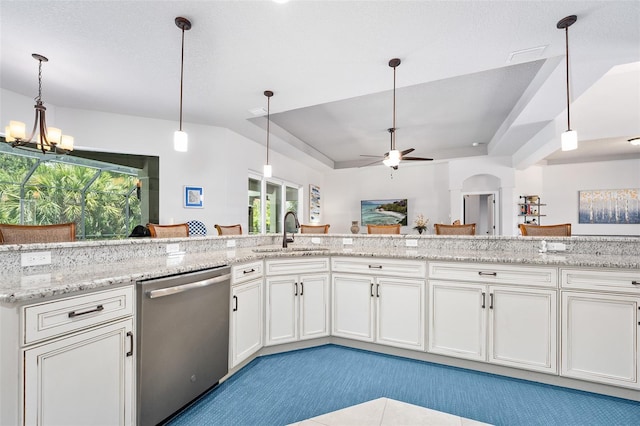 2825 S Asciano Ct, New Smyrna Beach, FL 32168 - kitchen with stainless steel dishwasher, ceiling fan, healthy amount of natural light, and white cabinetry