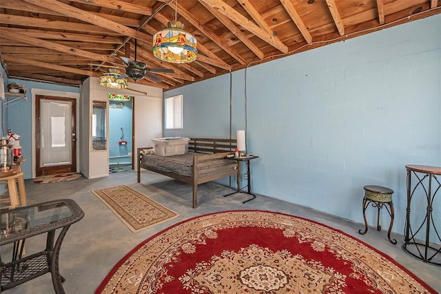1085 Indigo Rd, Ormond Beach, FL 32174 - bedroom with concrete flooring, wood ceiling, and concrete block wall