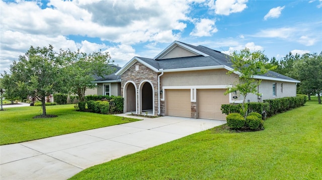 32 Abacus Ave, Ormond Beach, FL 32174 - view of front of house featuring stone siding, stucco siding, a garage, a front lawn, and concrete driveway