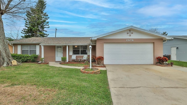 2970 Lantern Dr, South Daytona, FL 32119 - ranch-style house with driveway, a front yard, an attached garage, brick siding, and covered porch