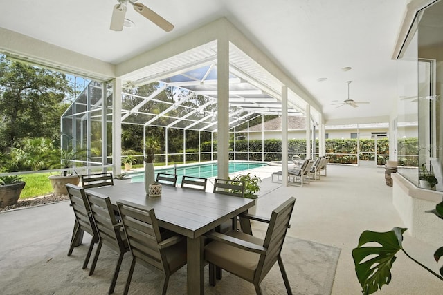 19 Tomoka Cove Way, Ormond Beach, FL 32174 - view of patio / terrace with a ceiling fan, outdoor dining space, and an outdoor pool