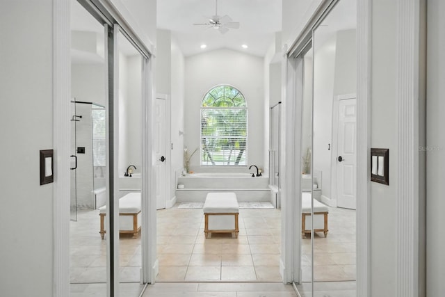 19 Tomoka Cove Way, Ormond Beach, FL 32174 - bathroom with a garden tub, recessed lighting, tile patterned flooring, a ceiling fan, and vaulted ceiling
