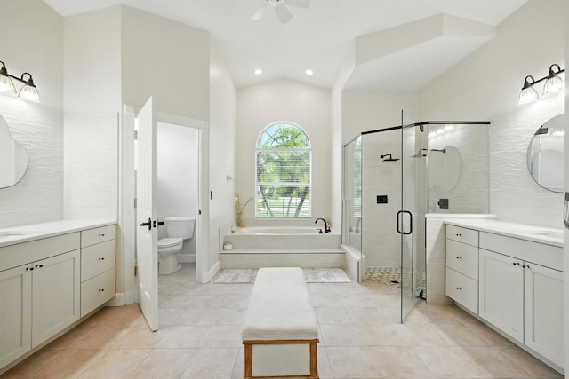 19 Tomoka Cove Way, Ormond Beach, FL 32174 - full bathroom featuring a garden tub, a stall shower, recessed lighting, two vanities, and a ceiling fan