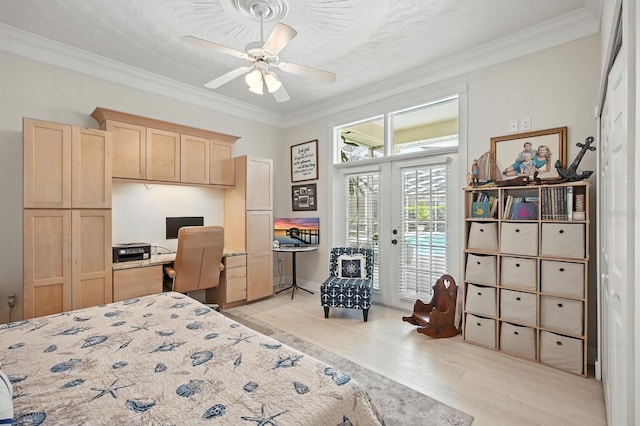19 Tomoka Cove Way, Ormond Beach, FL 32174 - bedroom with access to exterior, ornamental molding, light wood finished floors, french doors, and ceiling fan