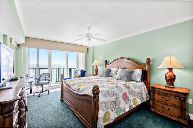 3315 S Atlantic Ave Unit 1605, Daytona Beach Shores, FL 32118 - bedroom with carpet, access to exterior, ceiling fan, and a water view