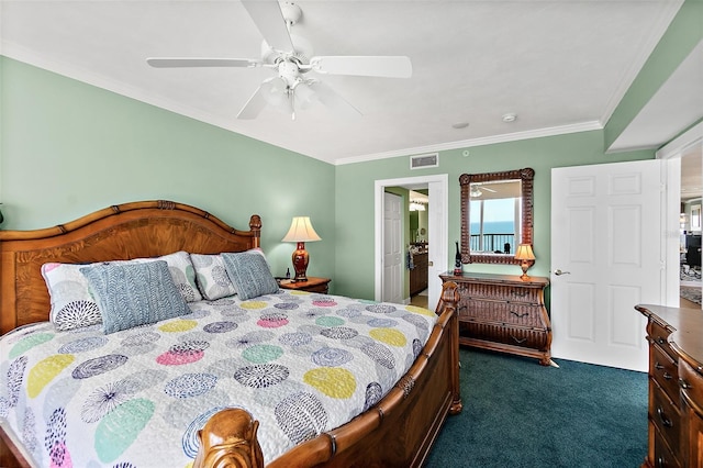 3315 S Atlantic Ave Unit 1605, Daytona Beach Shores, FL 32118 - bedroom with dark carpet, a ceiling fan, and ornamental molding